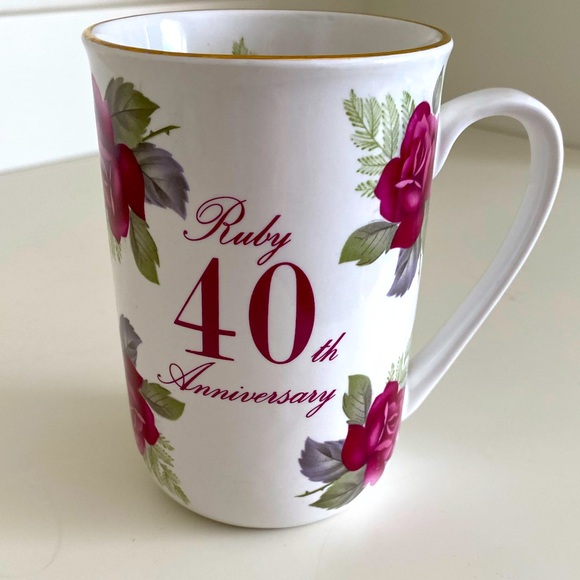 RUBY 40th ANNIVERSARY CERAMIC MUG WITH BURGUNDY ROSES AND GOLD TRIM - Picture 1 of 7